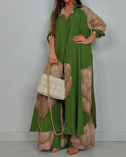 Printed Two Piece Set with Flowing Blouse and Wide Leg Pants