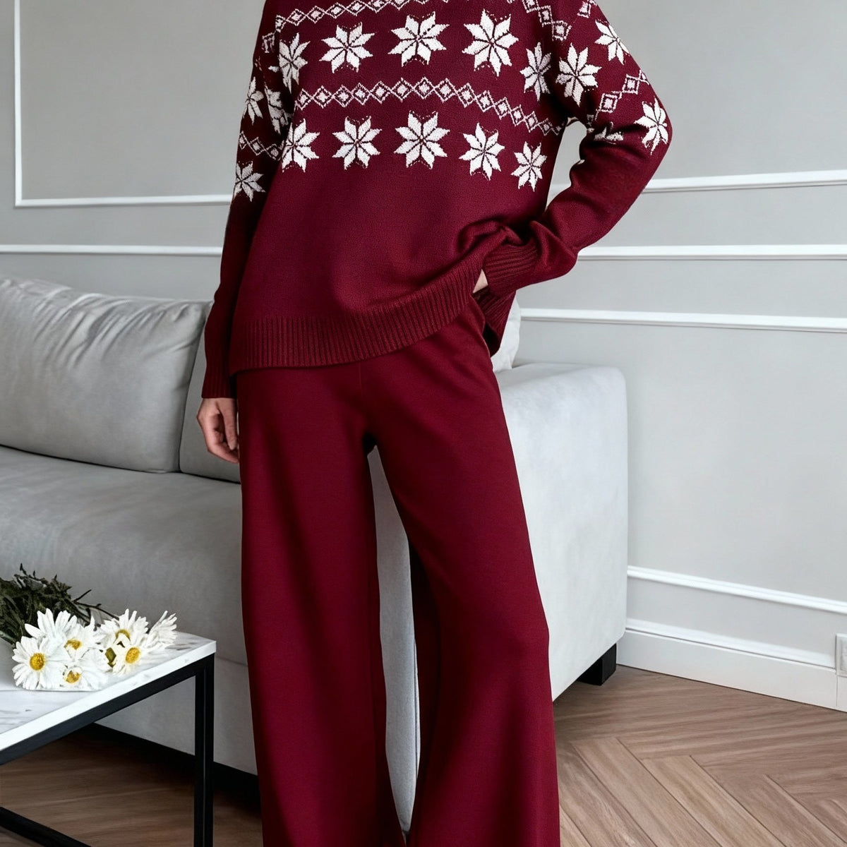 Women's Turtleneck Knit Jumper and Wide-Leg Trousers Set