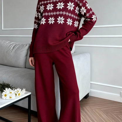 Women's Turtleneck Knit Jumper and Wide-Leg Trousers Set