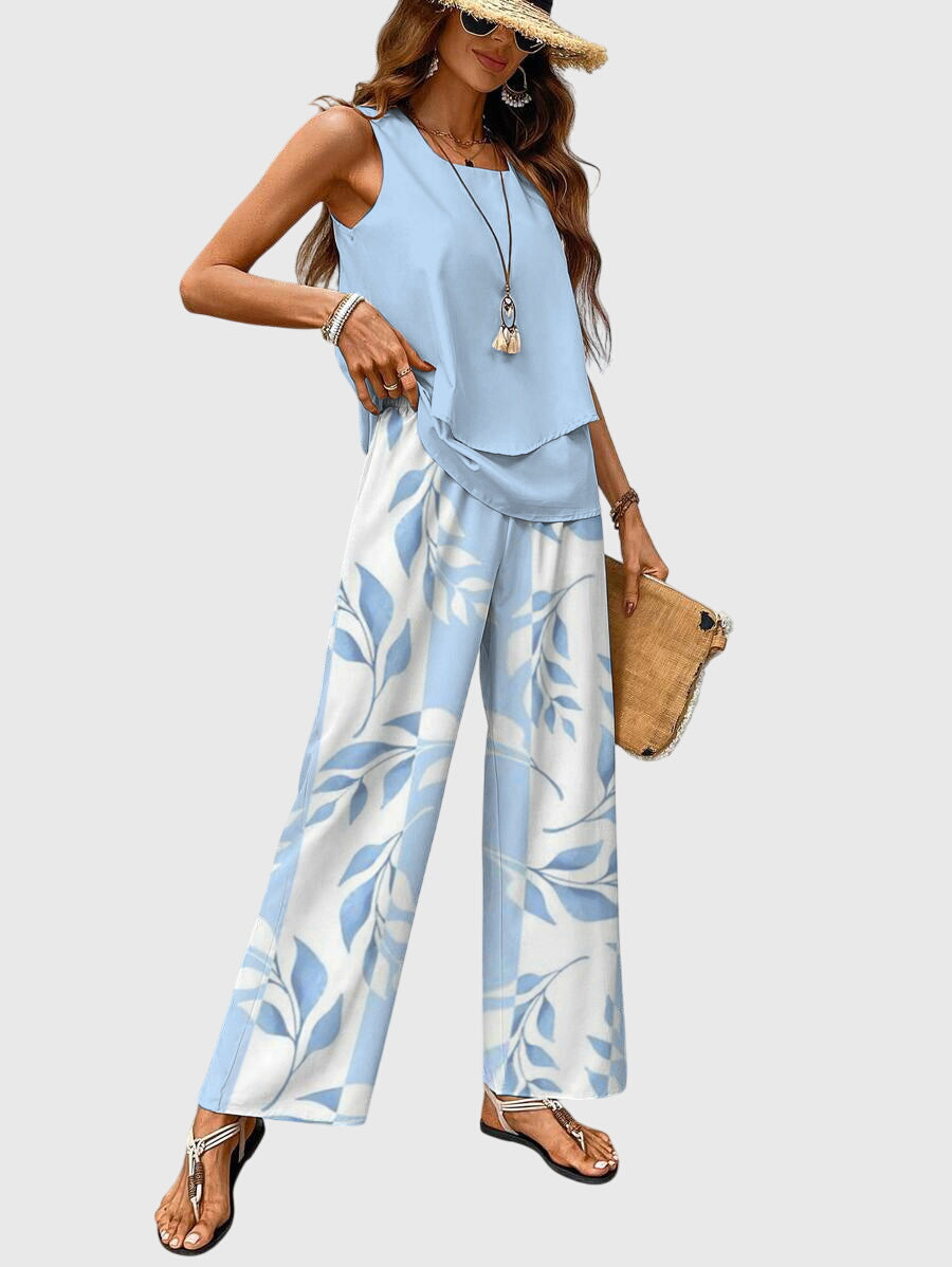 Square Neck Plant Print Two-Piece Summer Set