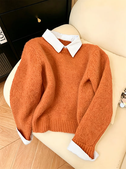 Women's Faux Two-Piece Polo Collar Knit Jumper