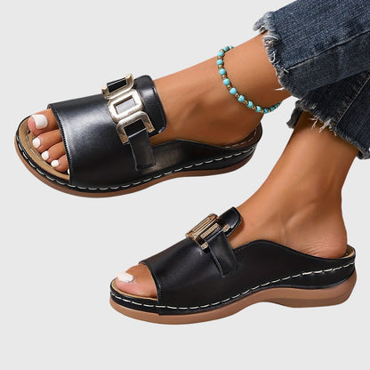 Open Toe Buckle Sandals With Gold Detail