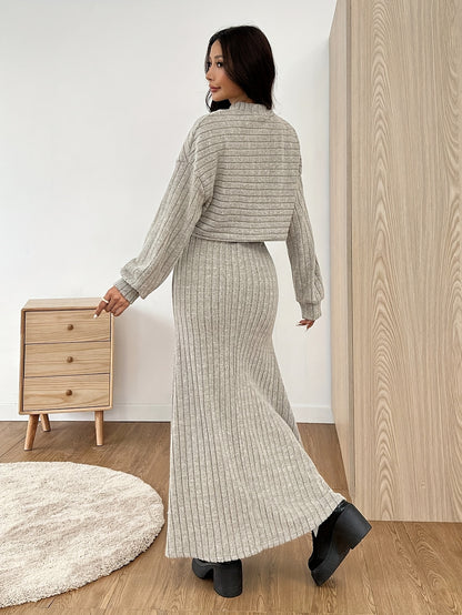 Women's Ribbed Knit Crop Top and Maxi Skirt Set