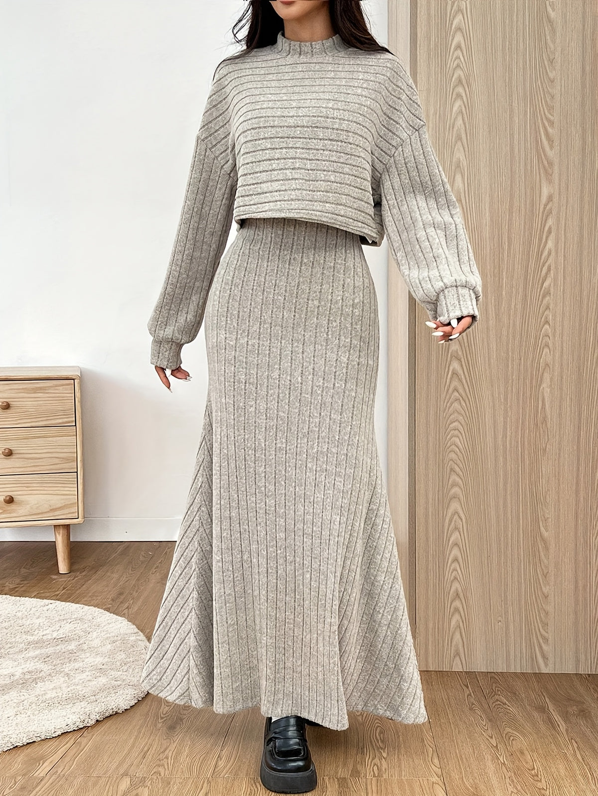 Women's Ribbed Knit Crop Top and Maxi Skirt Set