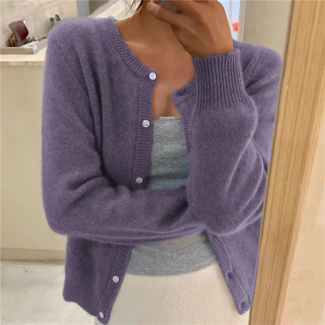 Women's Round Neck Long Sleeve Knit Cardigan