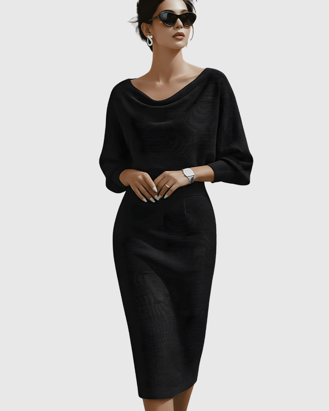 Draped Batwing Midi Dress With Cowl Neckline