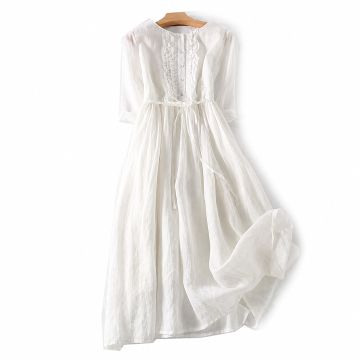 Round Neck Broderie Tie Waist Midi Dress