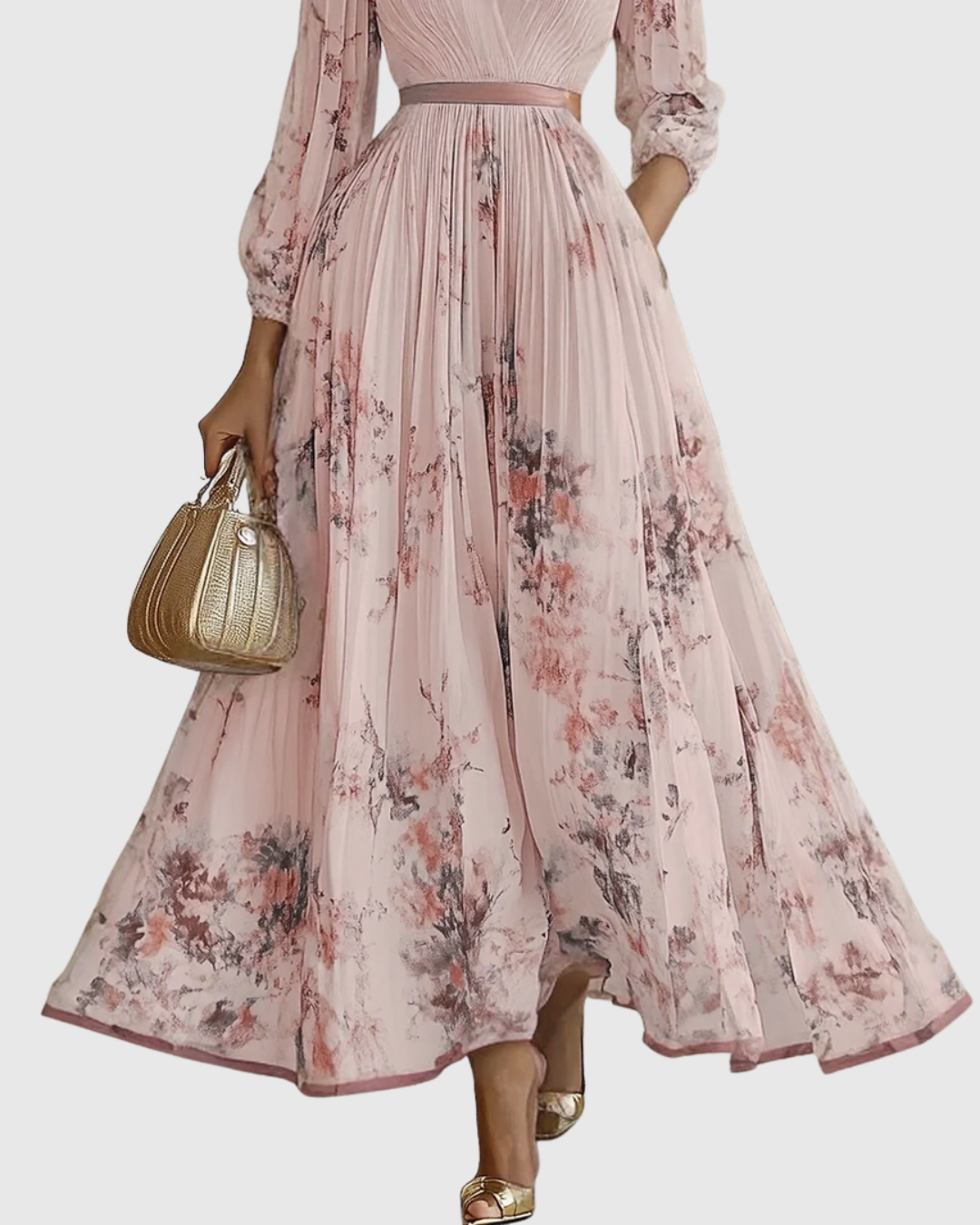 V Neck Pleated Maxi Dress With Ribbon Tie Waist