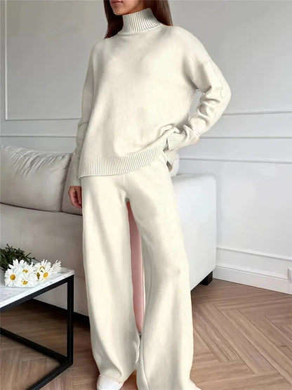 Women's Turtleneck Knit Jumper and Wide-Leg Trousers Set