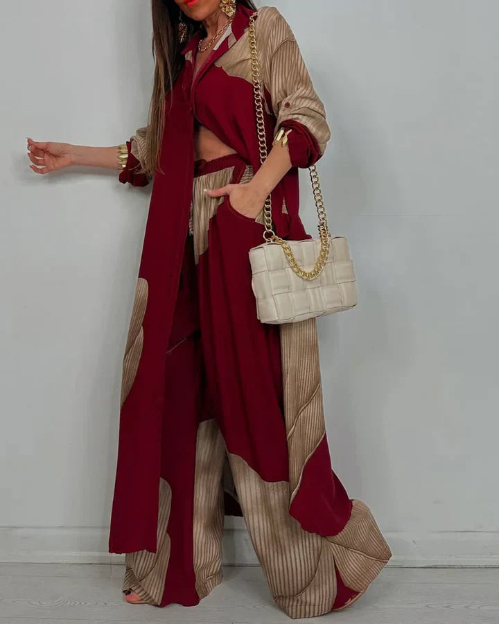 Printed Two Piece Set with Flowing Blouse and Wide Leg Pants