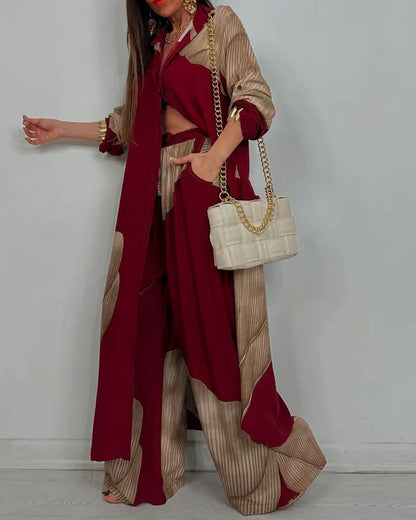 Printed Two Piece Set with Flowing Blouse and Wide Leg Pants