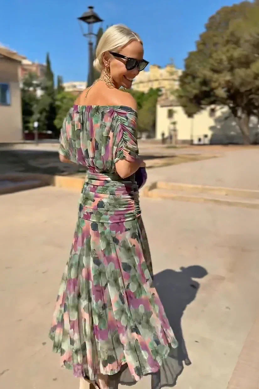 Gradient V Neck Pleated Maxi Dress