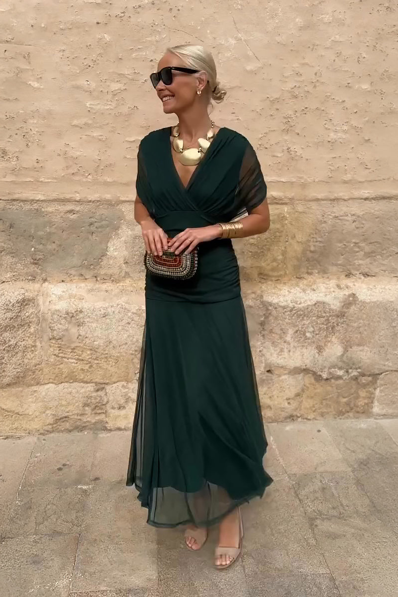 Gradient V Neck Pleated Maxi Dress