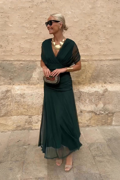 Gradient V Neck Pleated Maxi Dress