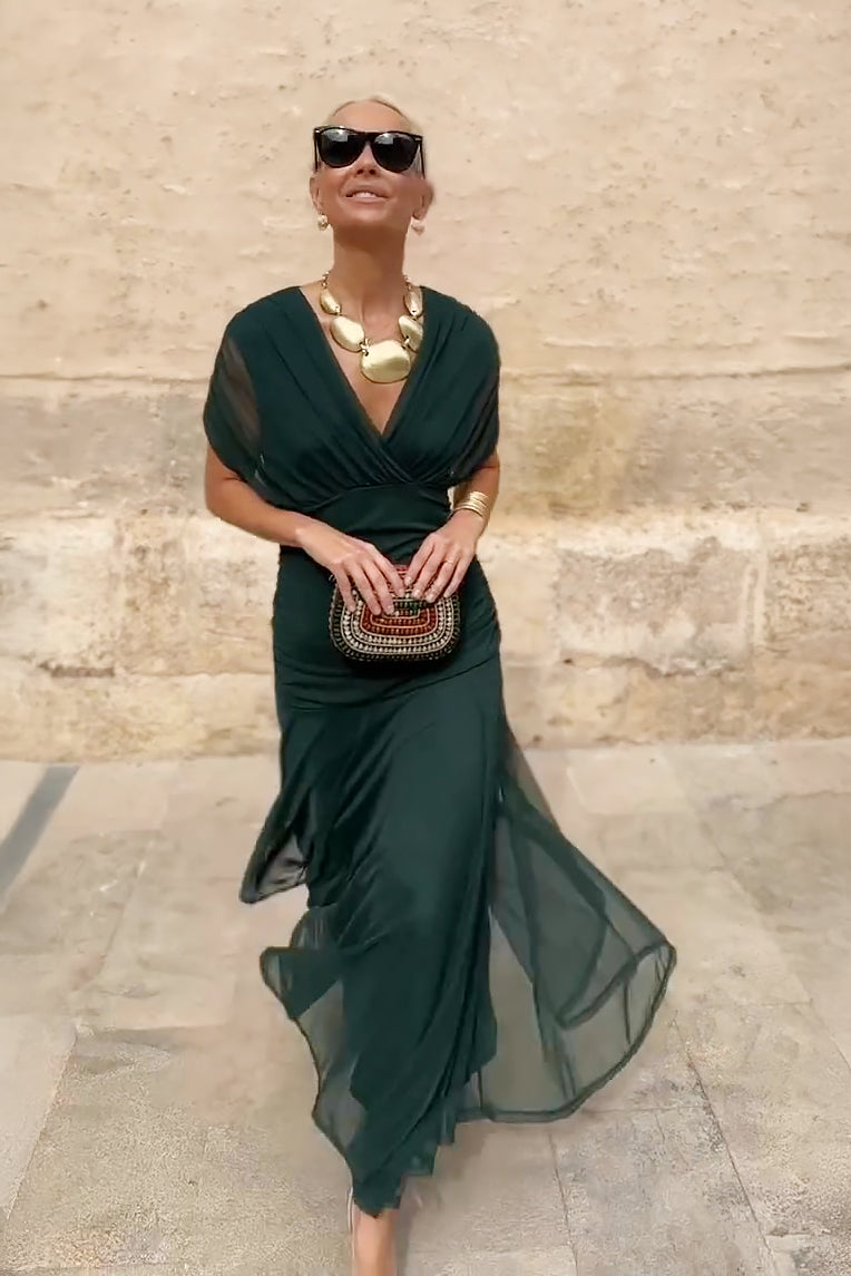 Gradient V Neck Pleated Maxi Dress