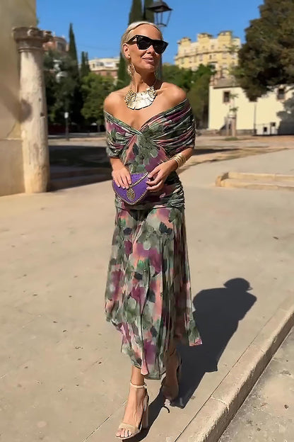Gradient V Neck Pleated Maxi Dress