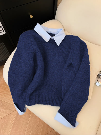 Women's Faux Two-Piece Polo Collar Knit Jumper
