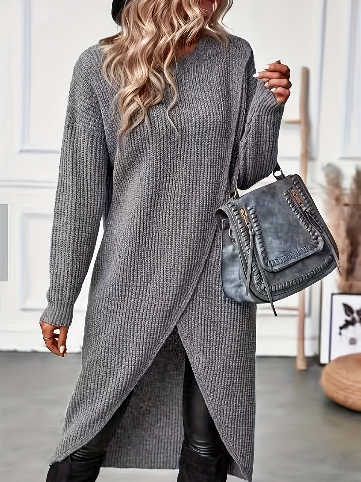 Women's Oversized Knit Midi Dress with Side Split