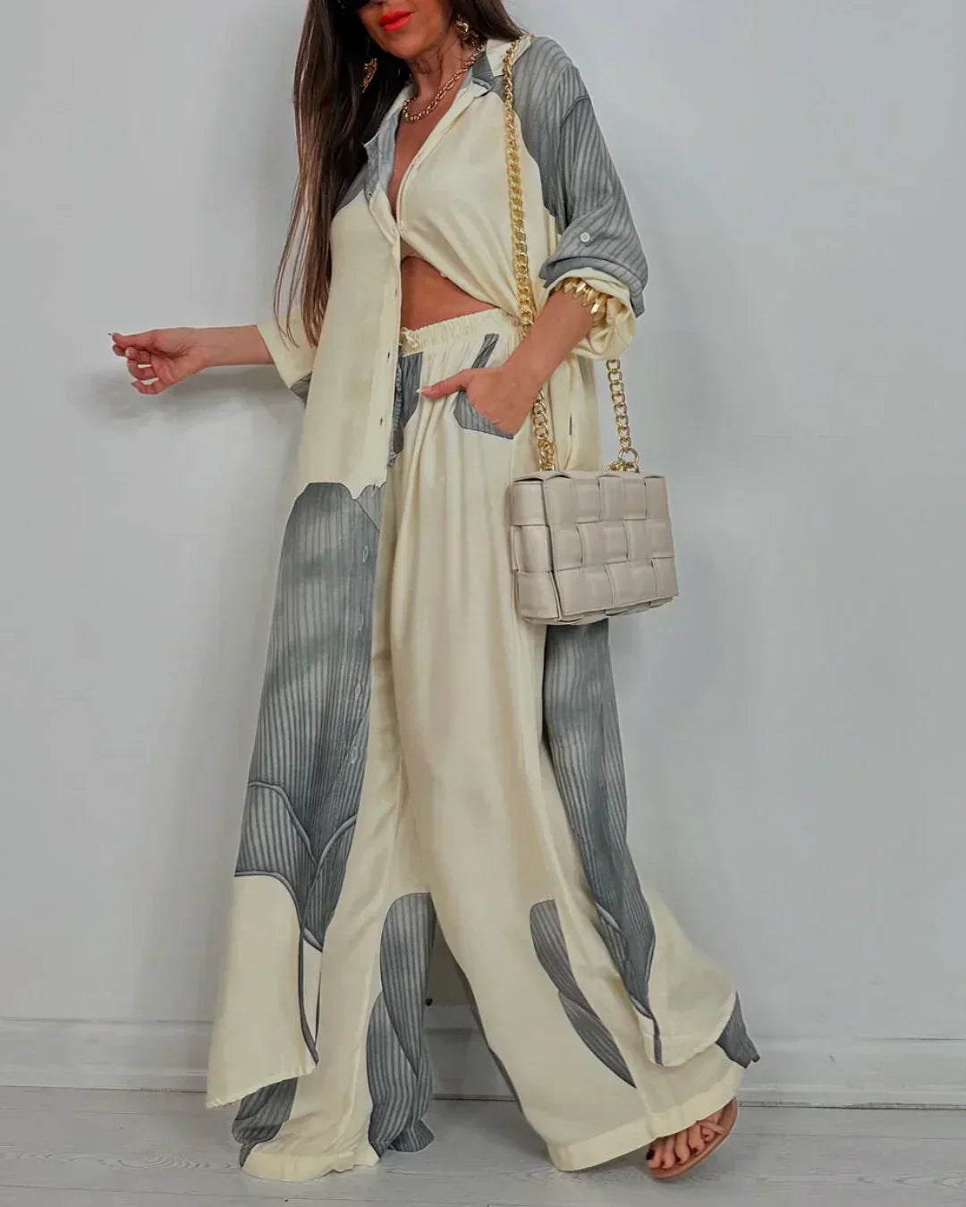 Printed Two Piece Set with Flowing Blouse and Wide Leg Pants