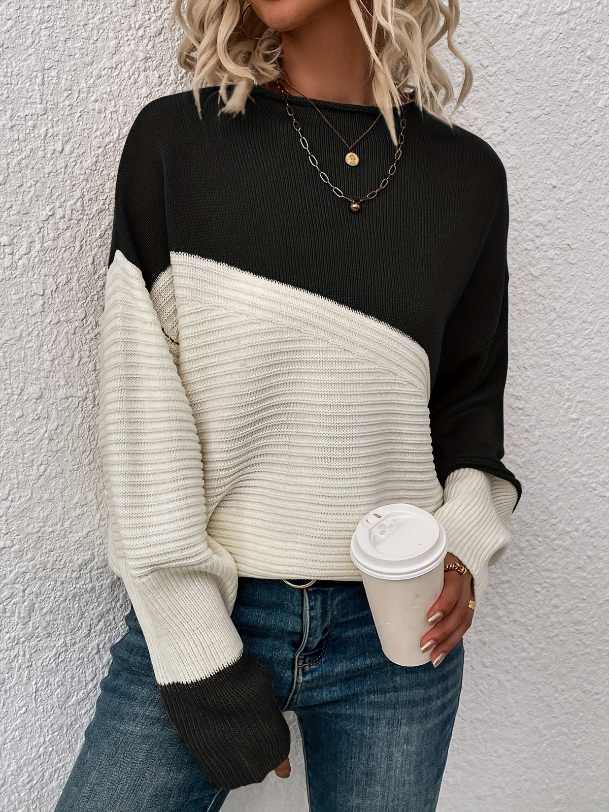 Women's Colour Block Turtleneck Knit Jumper