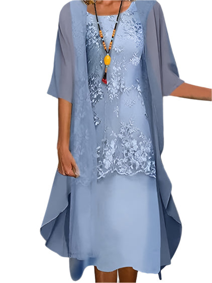 Flowing Sheer Sleeve Midi Dress for Wedding Guests