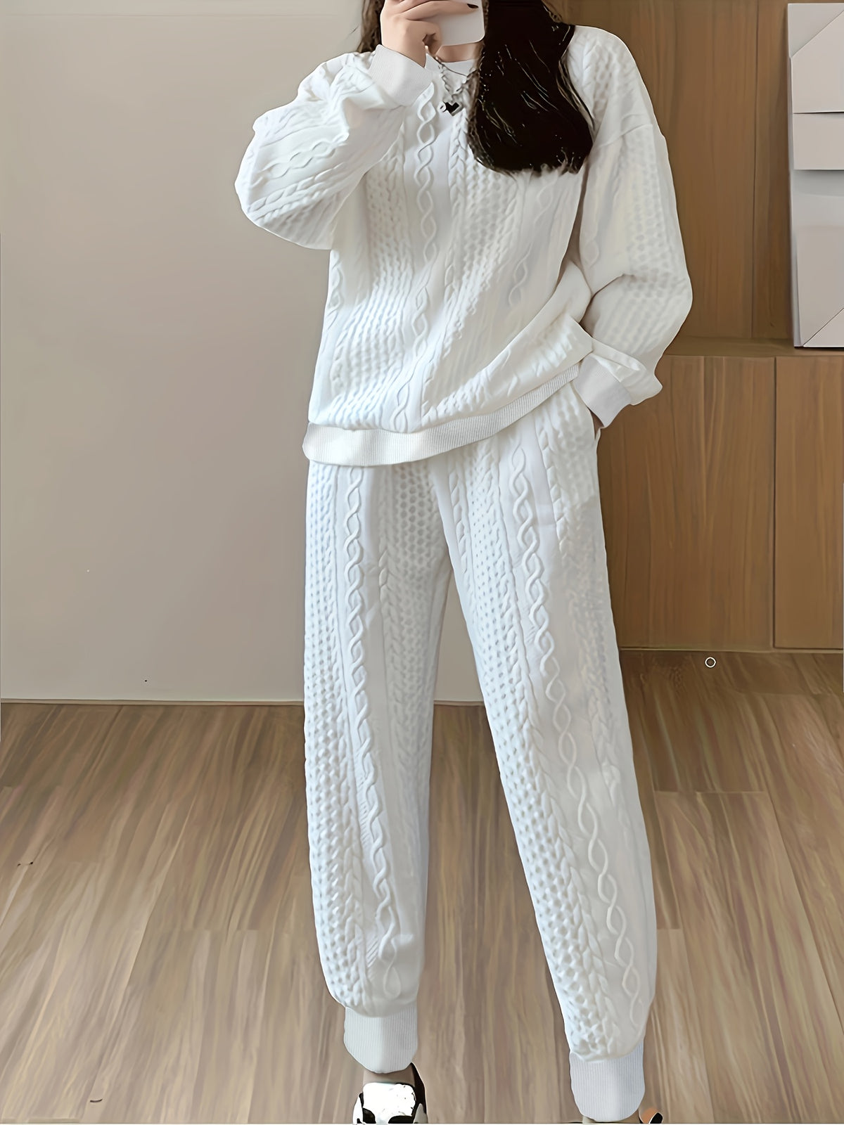 Women's Twist Knit Sweatshirt and Wide-Leg Trousers Set
