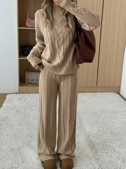 Women's Fluffy Knit Jumper and Wide-Leg Trousers Set