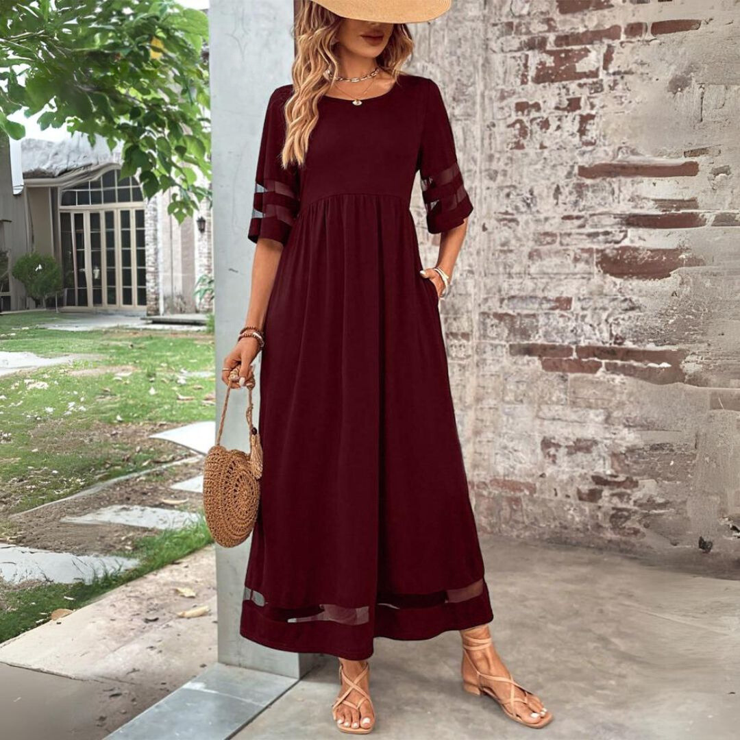 V Neck Empire Waist Maxi Dress With Lace Detail