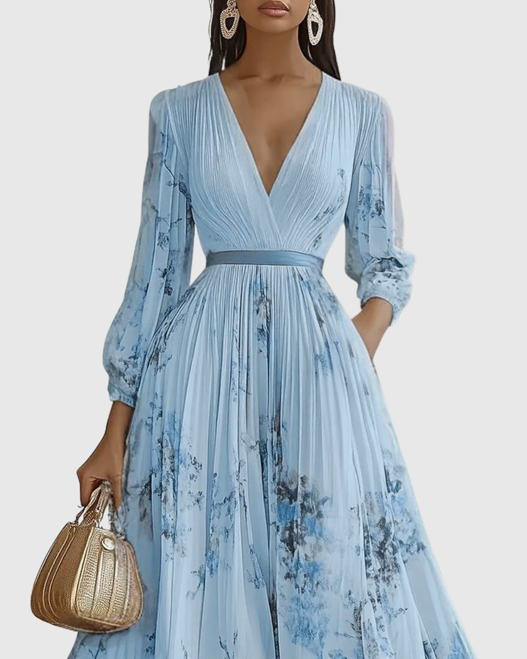 V Neck Pleated Maxi Dress With Ribbon Tie Waist