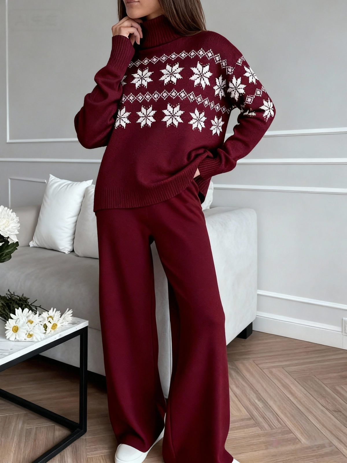 Women's Turtleneck Knit Jumper and Wide-Leg Trousers Set