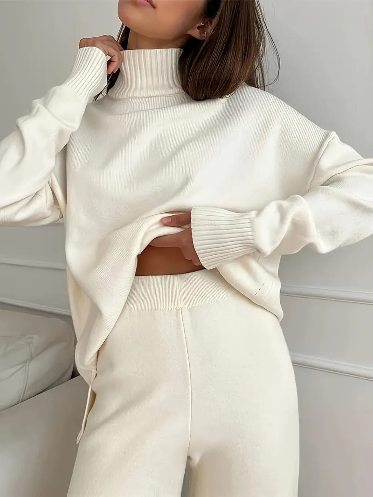 Women's Turtleneck Knit Jumper and Wide-Leg Trousers Set