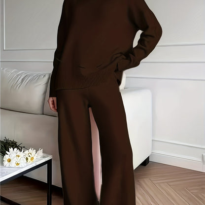 Women's Turtleneck Knit Jumper and Wide-Leg Trousers Set