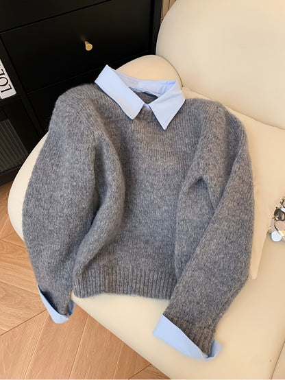 Women's Faux Two-Piece Polo Collar Knit Jumper