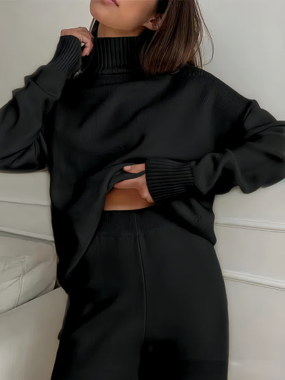 Women's Turtleneck Knit Jumper and Wide-Leg Trousers Set