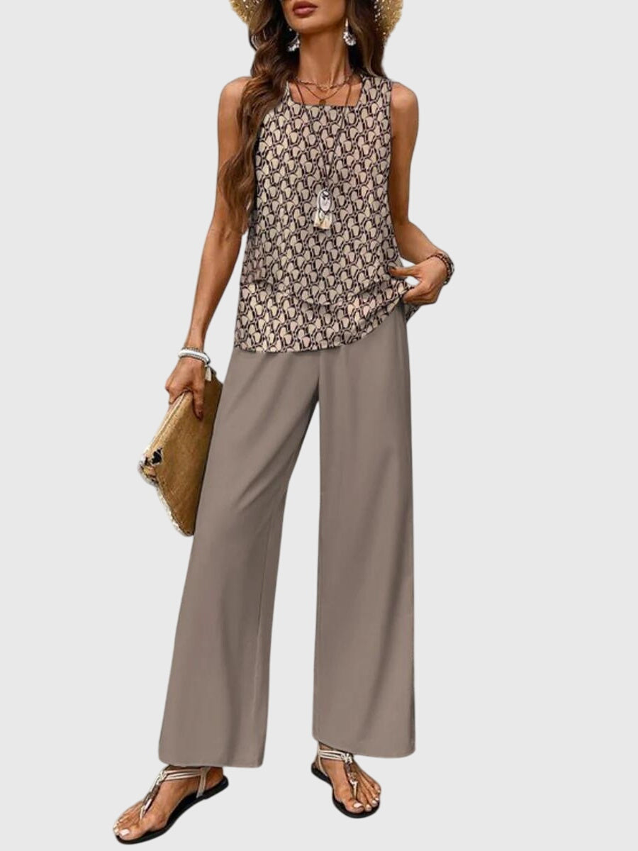 Square Neck Plant Print Two-Piece Summer Set