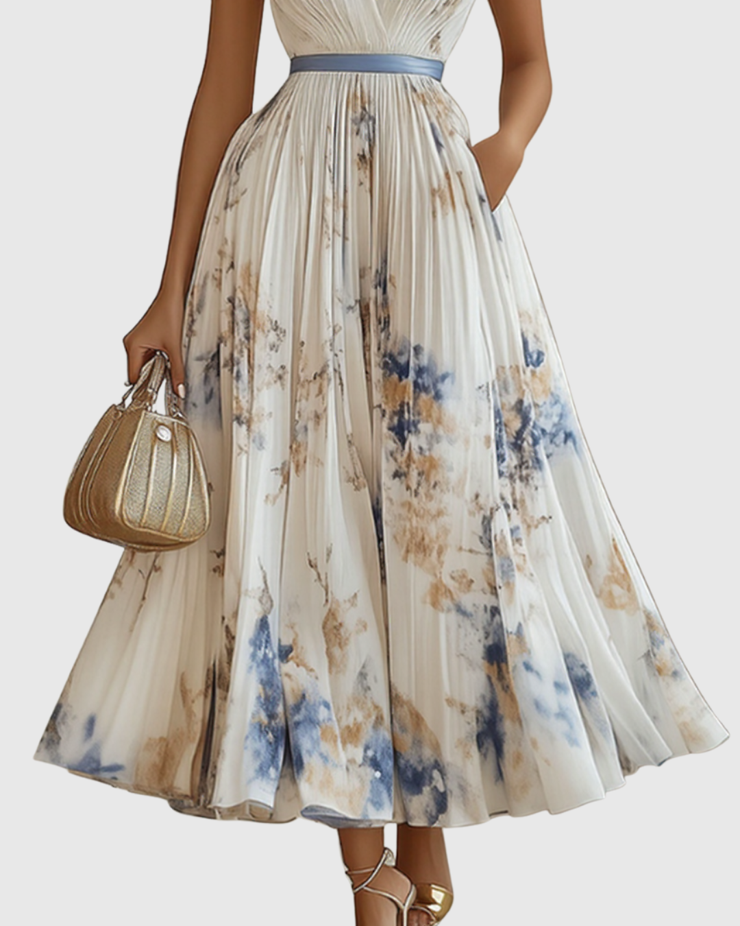 V Neck Pleated Maxi Dress With Ribbon Tie Waist