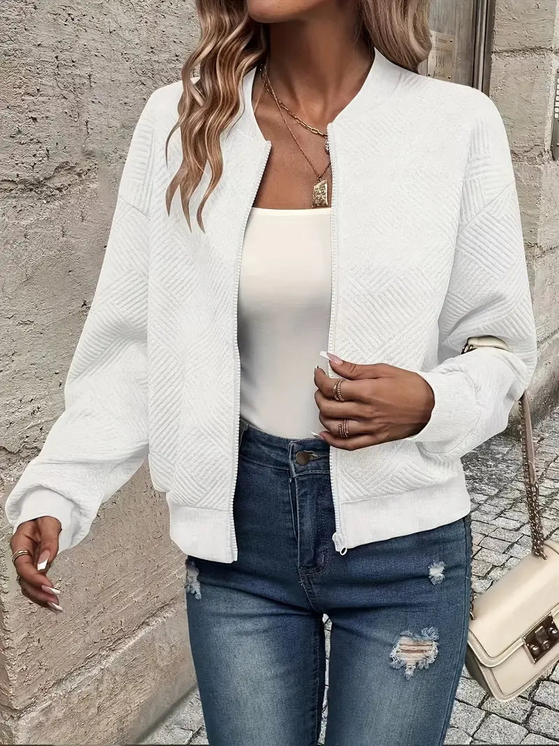 Women's Zip-Up Textured Knit Bomber Jacket
