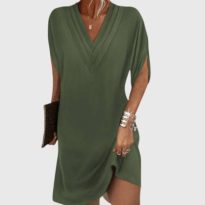 V Neck Dress with Draped Silhouette and Sleeve Cut Outs
