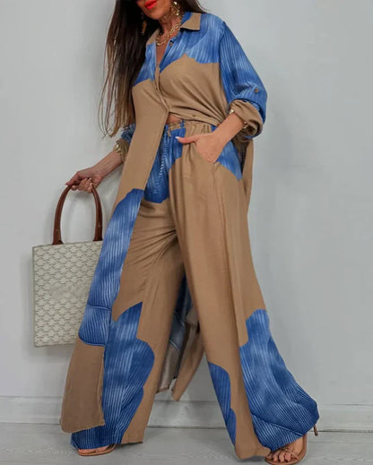 Printed Two Piece Set with Flowing Blouse and Wide Leg Pants