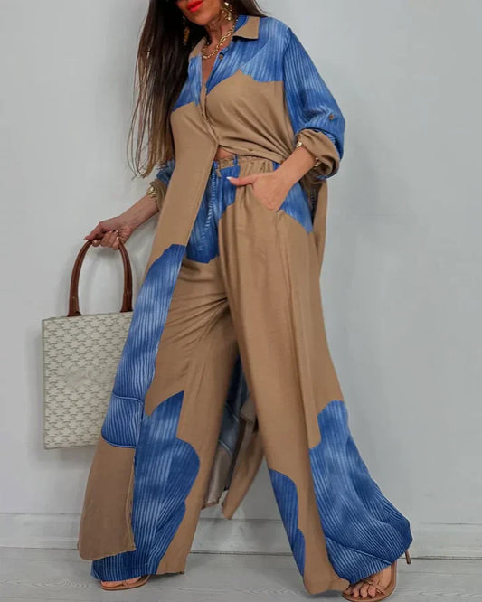 Printed Two Piece Set with Flowing Blouse and Wide Leg Pants