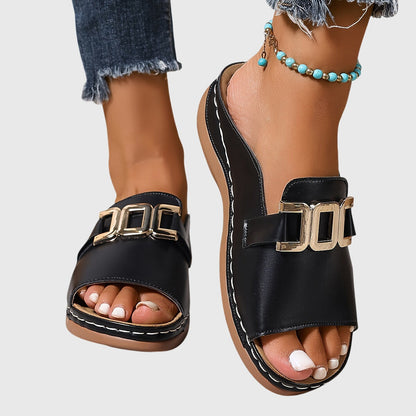 Open Toe Buckle Sandals With Gold Detail
