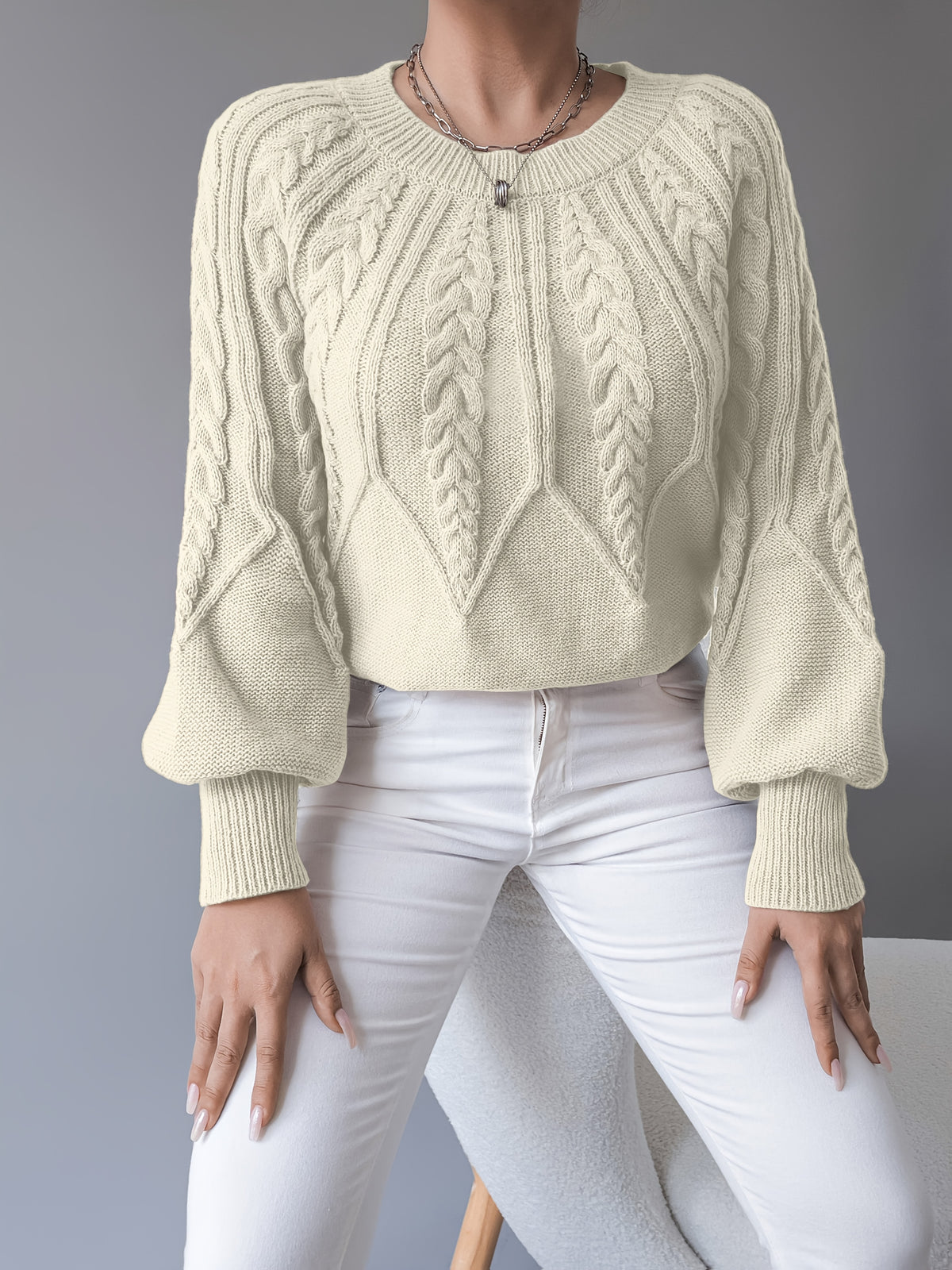 Women's Cable Knit Lantern Sleeve Jumper