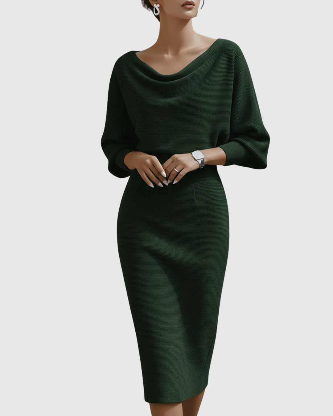 Draped Batwing Midi Dress With Cowl Neckline