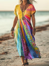 Boho Sun Print V Neck Long Sleeve Dress