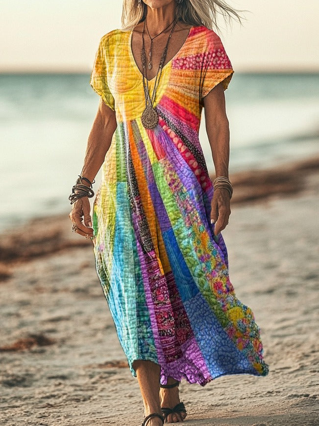 Boho Sun Print V Neck Long Sleeve Dress