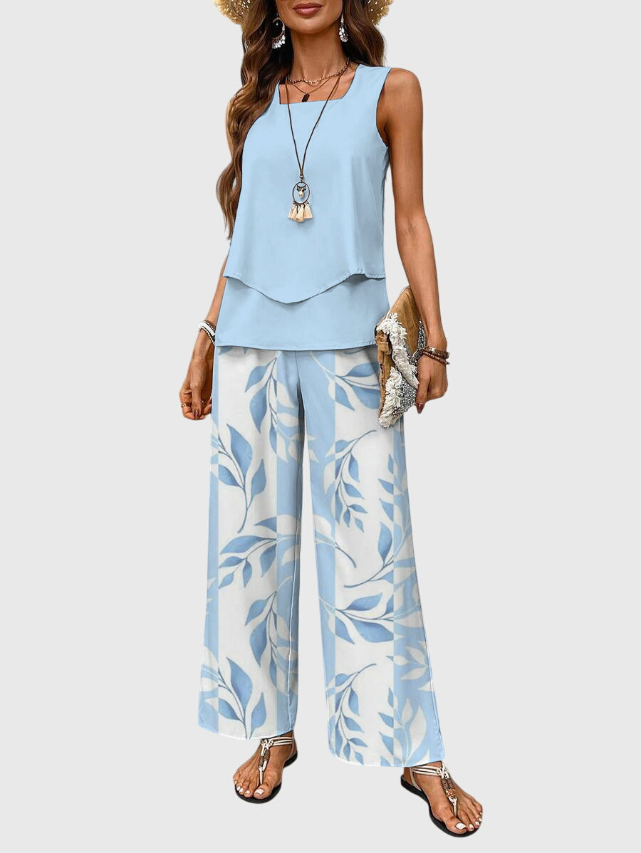 Square Neck Plant Print Two-Piece Summer Set