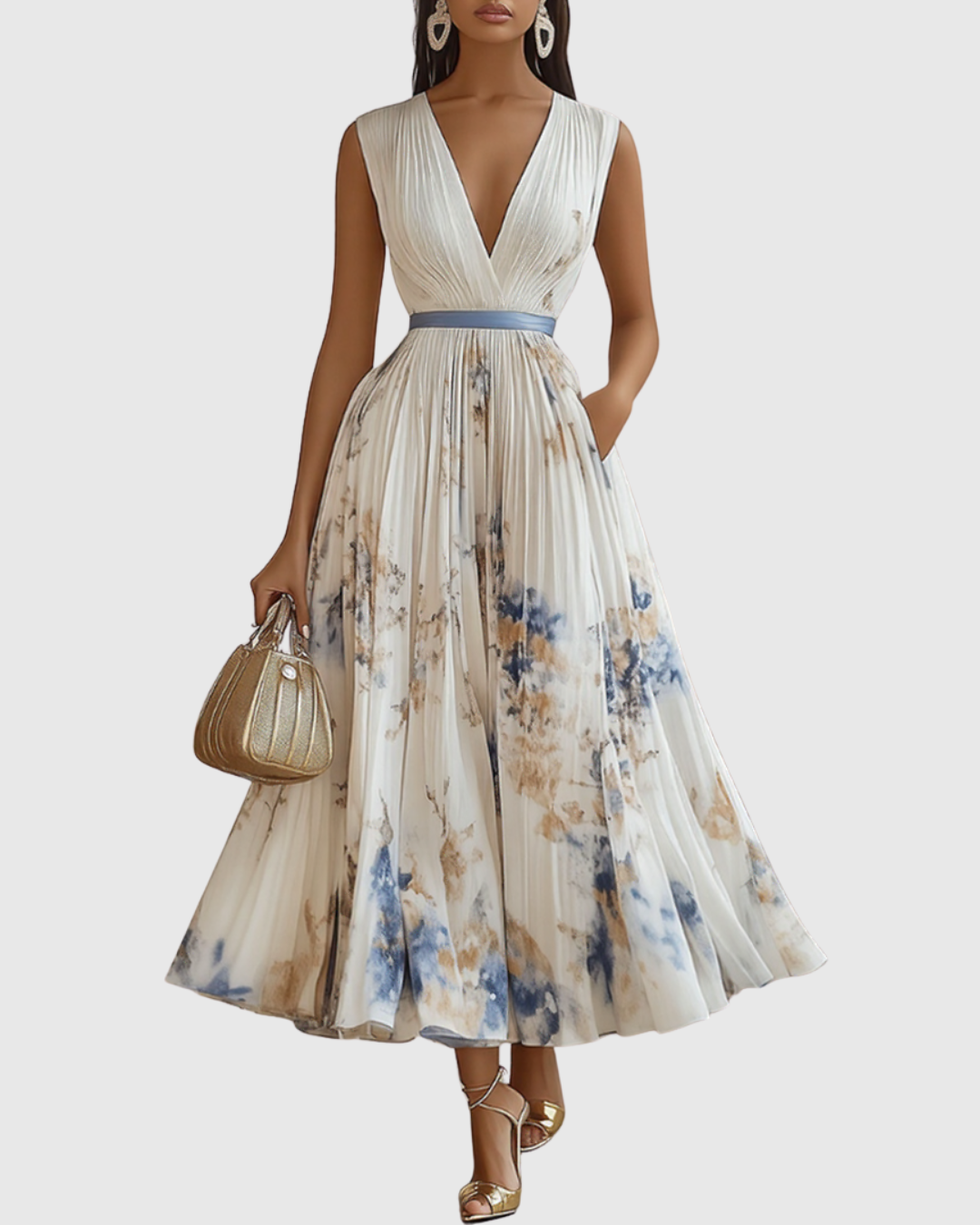 V Neck Pleated Maxi Dress With Ribbon Tie Waist