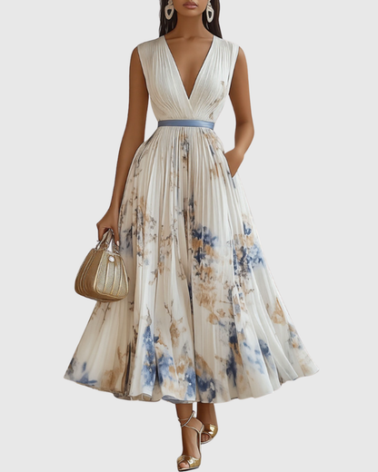 V Neck Pleated Maxi Dress With Ribbon Tie Waist