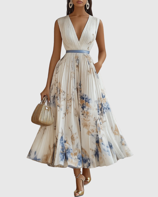 V Neck Pleated Maxi Dress With Ribbon Tie Waist