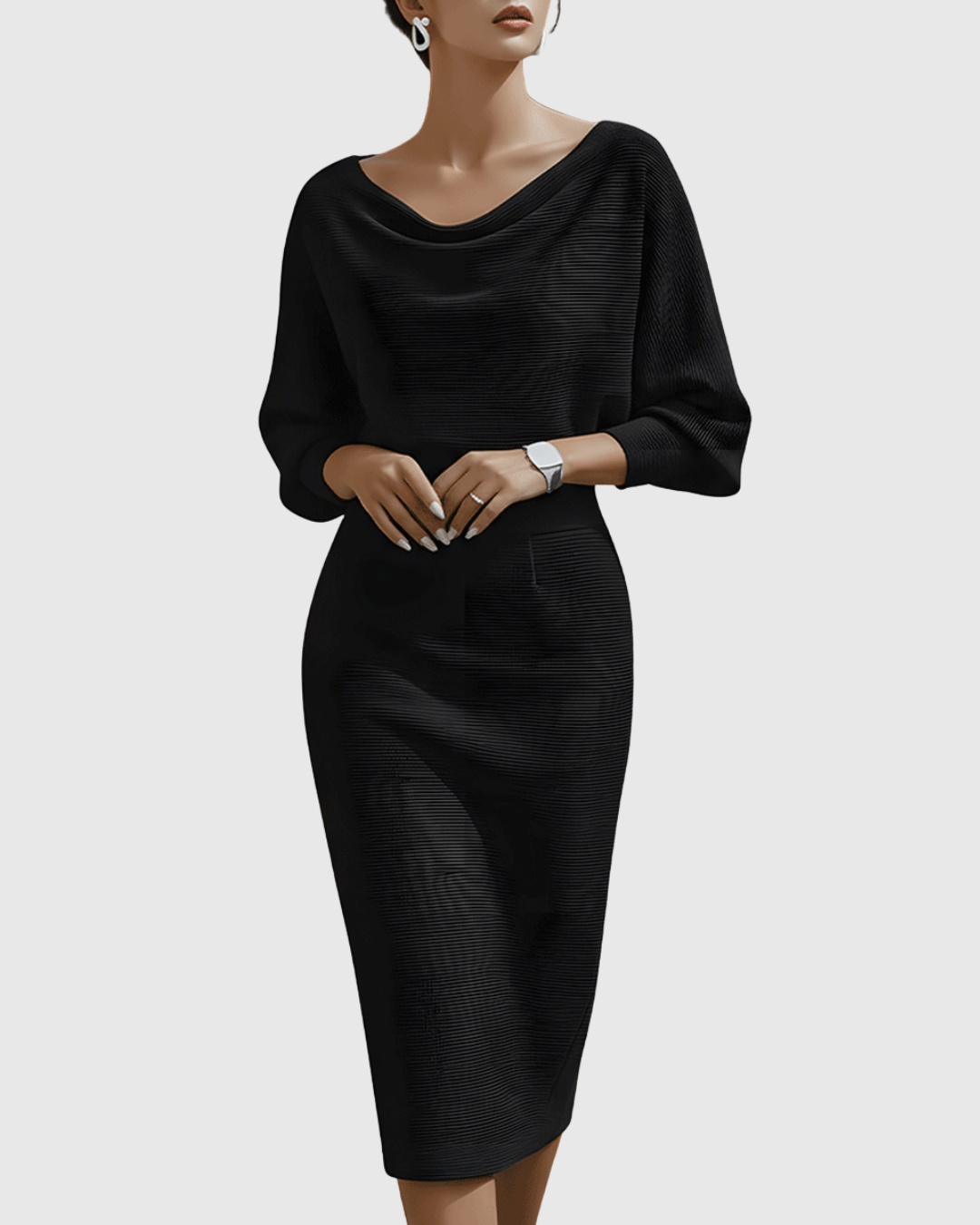 Draped Batwing Midi Dress With Cowl Neckline